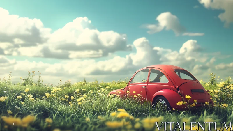 Red compact car is parked in tall grass under clouds