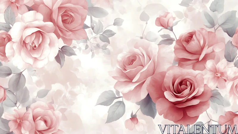 Roses bloom in soft-focus dreamscape of pink and silver.