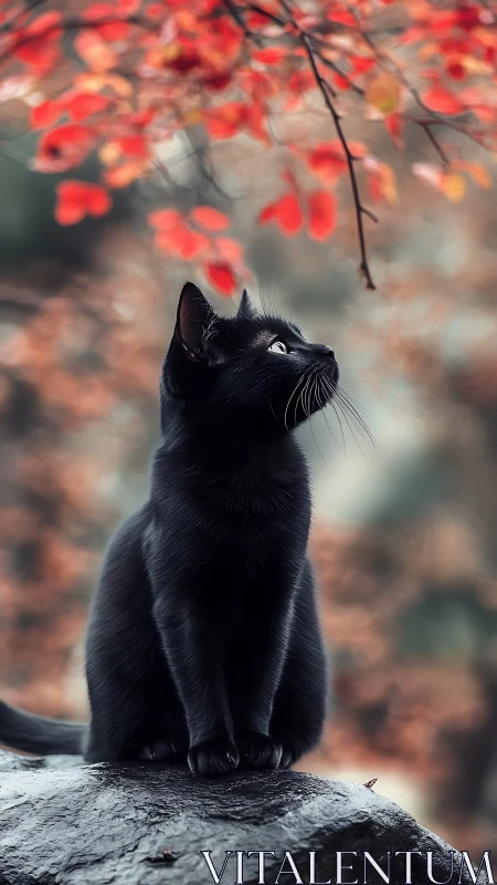 Black Cat Gazing at Autumn's Brilliant Red Leaves.