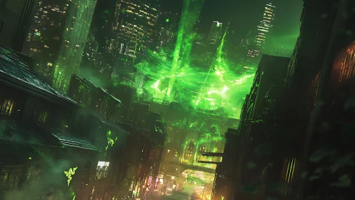 Neon rift over rain-slick alleys in corrupted cybercity.