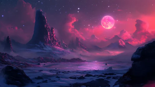 Alien ice landscape under vivid pink moon and stars.