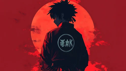 Silhouetted figure before red circular backdrop at dusk.