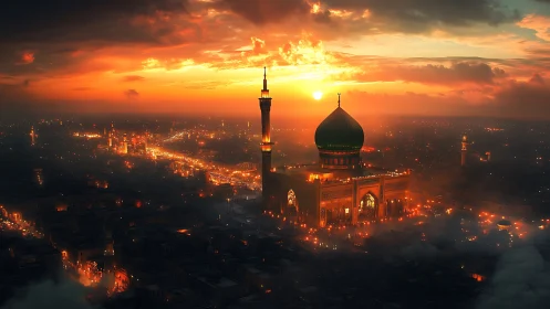 Sunset-illuminated mosque complex with volumetric haze and city lights