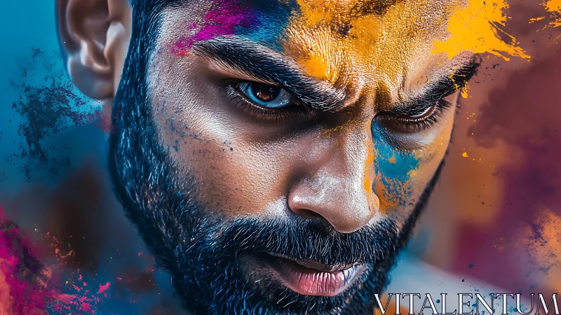 Intense bearded man stares ahead amid explosive color bursts.