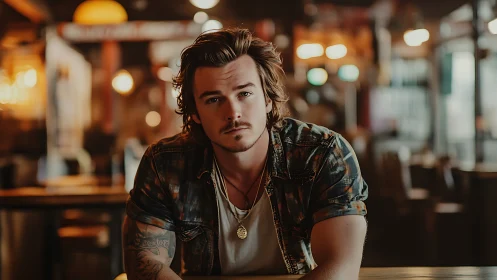 Cinematic shallow depth portrait in warm café interior lighting.