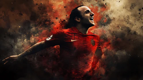 Digital composition shows footballer emerging from diffuse smoke