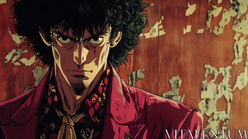 Curly haired anime man in red jacket before peeling wall.