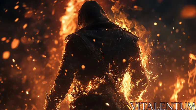 Silhouetted Figure Engulfed in Flame and Ember Particles.