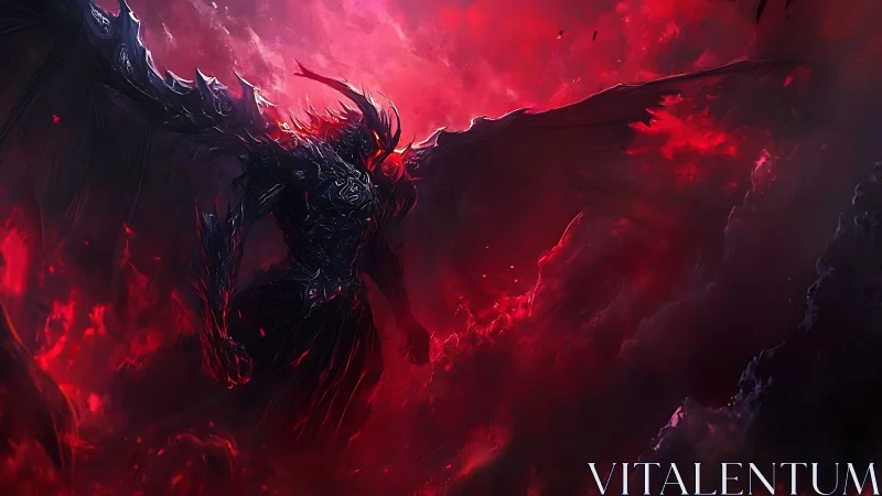 Dark winged demon rising within a red storm cloudscape.