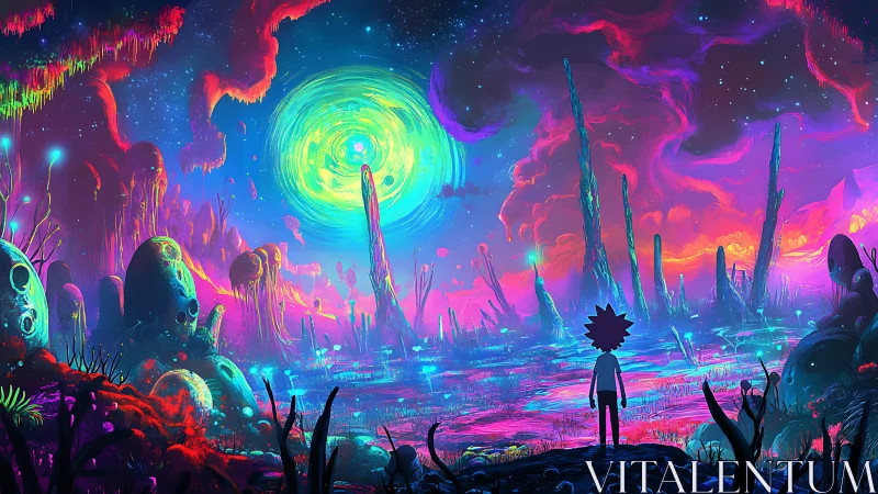 Neon alien vista with lone observer under swirling portal.
