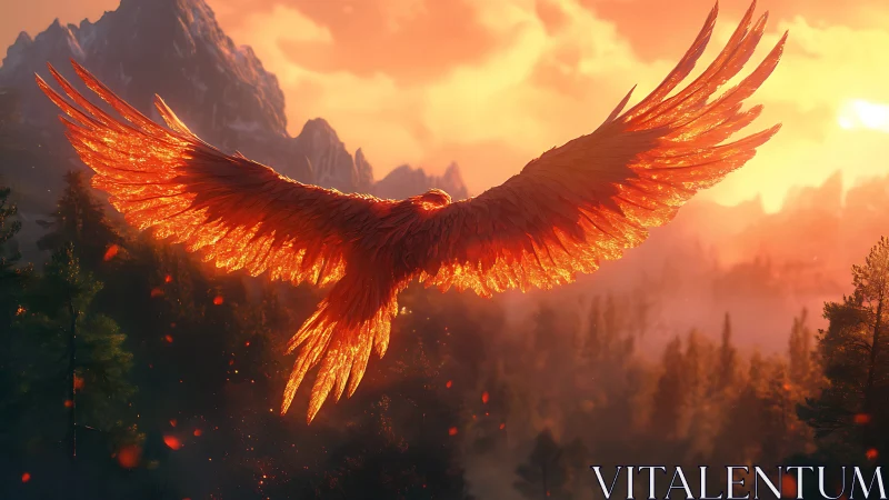 Majestic Fiery Phoenix Soaring Over Forest at Sunset, Fantasy Art.