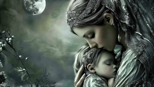 Monochromatic digital rendering depicts two figures in ornate medieval garments