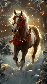 Equine biomechanics in luminous winter holiday motion study.