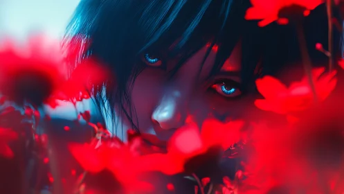 Cyan eyed digital portrait framed by neon red foreground flora