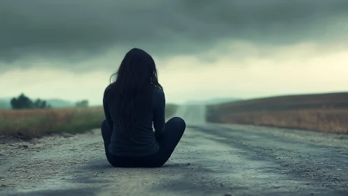 Woman Sitting Alone on Country Road Under Moody Sky, Artistic Photo.