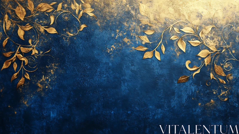 Golden botanical flourishes over deep textured blue field.