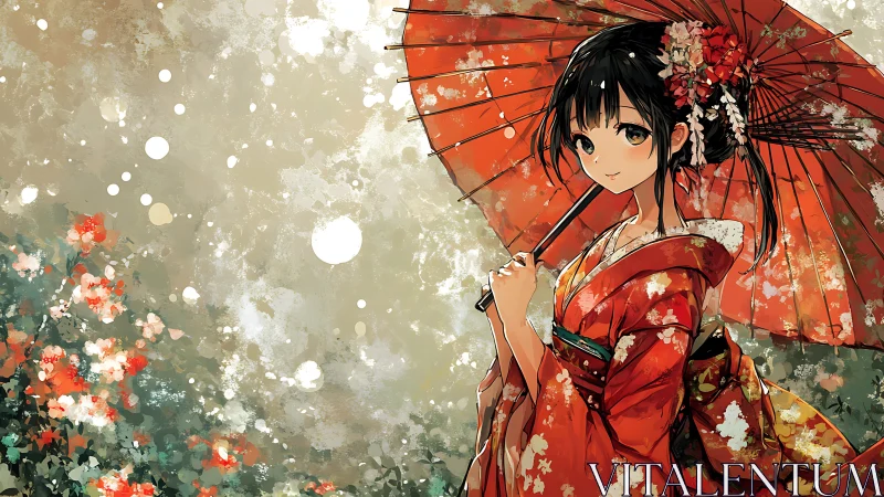 Girl in red kimono holding umbrella in floral garden.