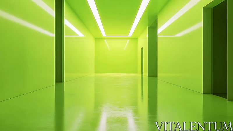 Minimalist 3D rendered corridor with geometric linear light and emerge reflecting polished floor sur
