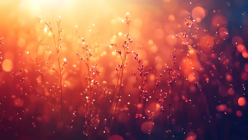 Backlit wild grasses in golden bokeh dusk field panorama.
