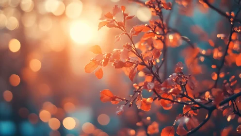 Ember-kissed autumn leaves glow against dreamy sunset bokeh.