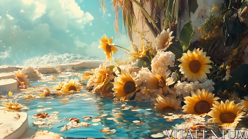 Sunlit sunflowers by bright turquoise coastal water.