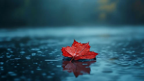 Red maple leaf on rainy reflective water surface at dusk.