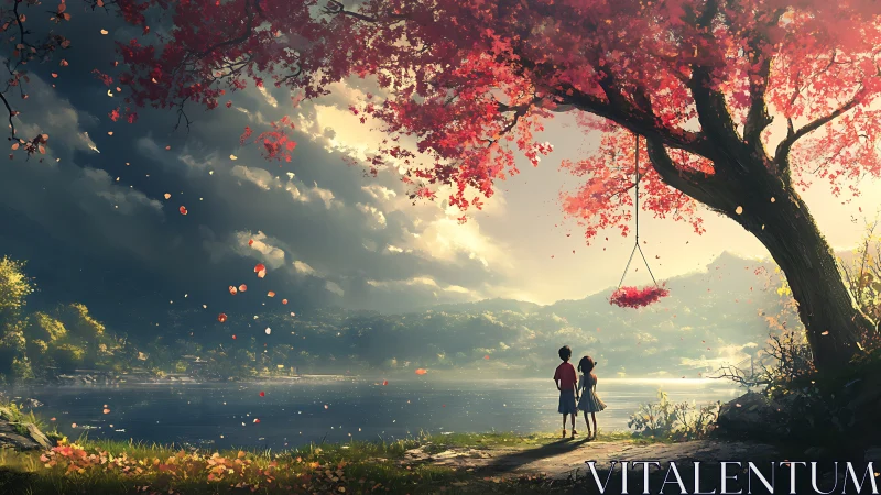 Children under crimson tree overlooking luminous lakeside.