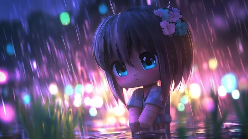 Chibi girl in rain with neon bokeh background at night.