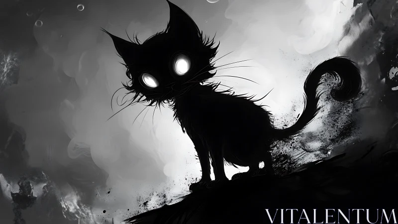 Moonlit shadow cat tilts its glowing gaze into stormy ink