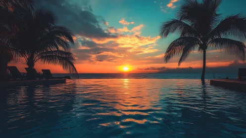 Digital sunset infinity pool with silhouetted palm framing symmetry.