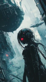 Cybernetic sentinel watches over a fractured neon megacity.