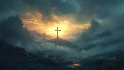 Cross on distant hill under dramatic glowing sky.