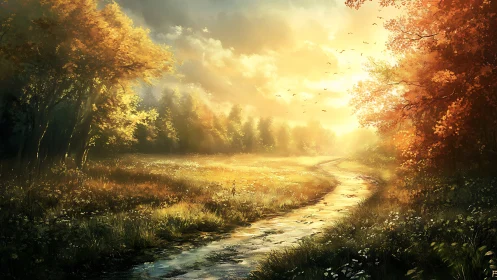 Backlit autumn meadow with curving stream and volumetric sunlight