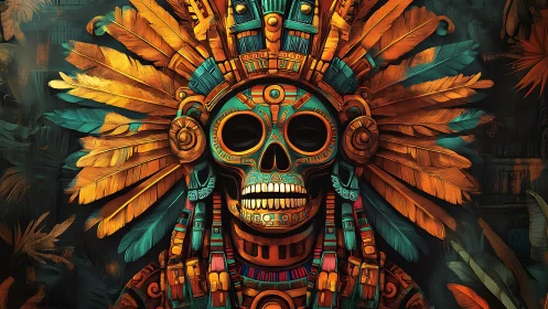 Vibrant Aztec skull warrior glows amid rich jungle shadows