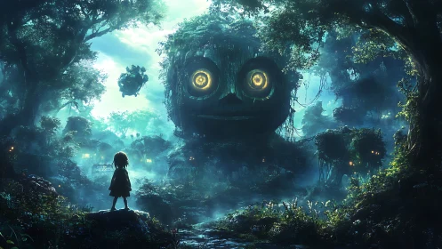 Enchanted forest girl before colossal glowing spirit face.
