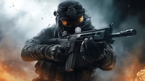 Battlefield phantom storms through firelit urban chaos.