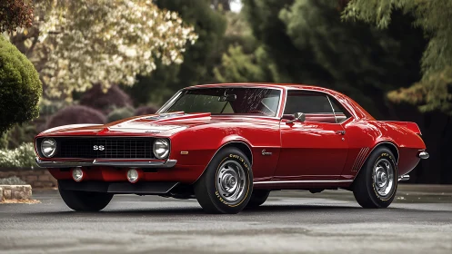 Red classic Chevrolet Camaro SS coupe parked on driveway
