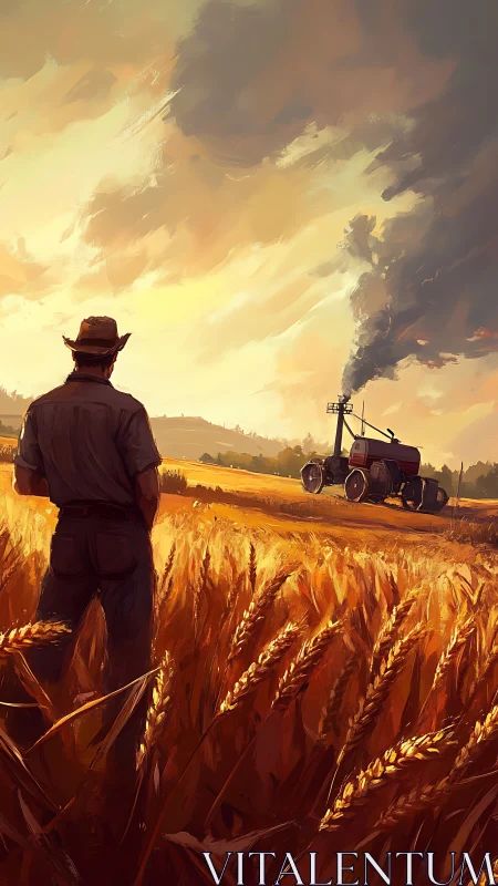 Sunlit harvest watcher studies his smoking iron tractor