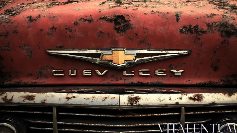 Rust-kissed Chevy emblem glows on weathered scarlet steel.