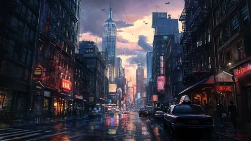 Nocturnal rain-slick megacity corridor under neon and dusk glow.