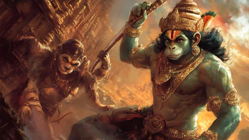 Mythic monkey warriors carve molten light through burning skies