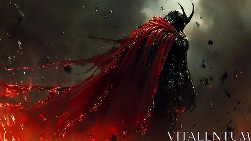 Infernal warlord in molten red cloak amid drifting embers.