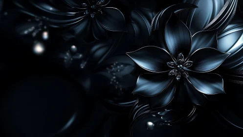 Midnight metallic florals with high-gloss reflective petals.