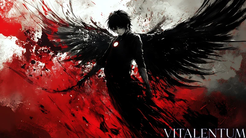 Dark-winged humanoid over red splatter vortex in digital chiaroscuro.