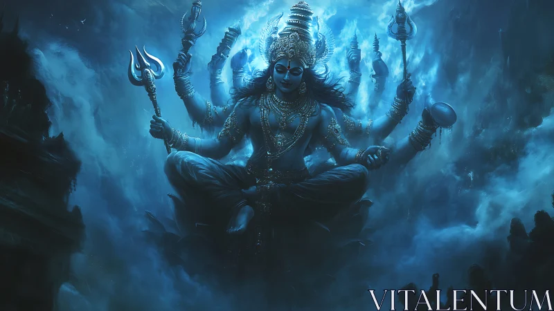 Majestic multi-armed deity meditates in swirling blue cosmos.
