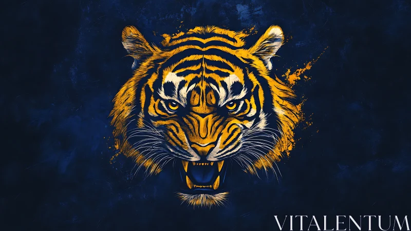 Stylized frontal tiger head on dark textured blue field.