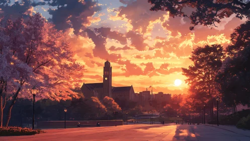 Sunset paints a peaceful campus walkway in soft golden light
