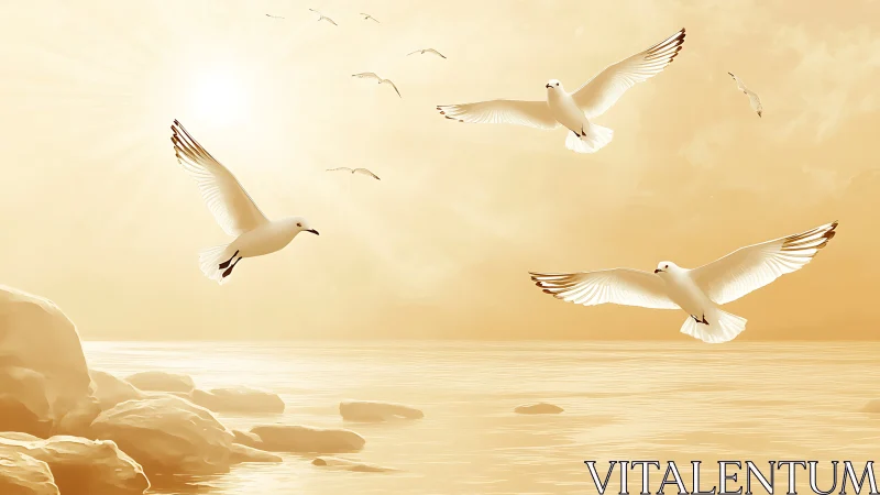 Seagulls in flight over calm coastal water at sunrise.