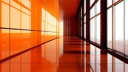 Modern architectural corridor with gridded glass partitions and gradient lighting