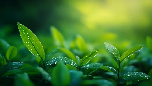 Close view of green leaves with water droplets in light.
